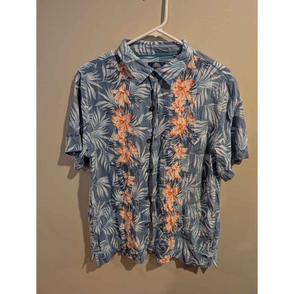 Havana Jim Mens Large Floral Blue Orange Short Sleeves Shirt Vacation Hawaii